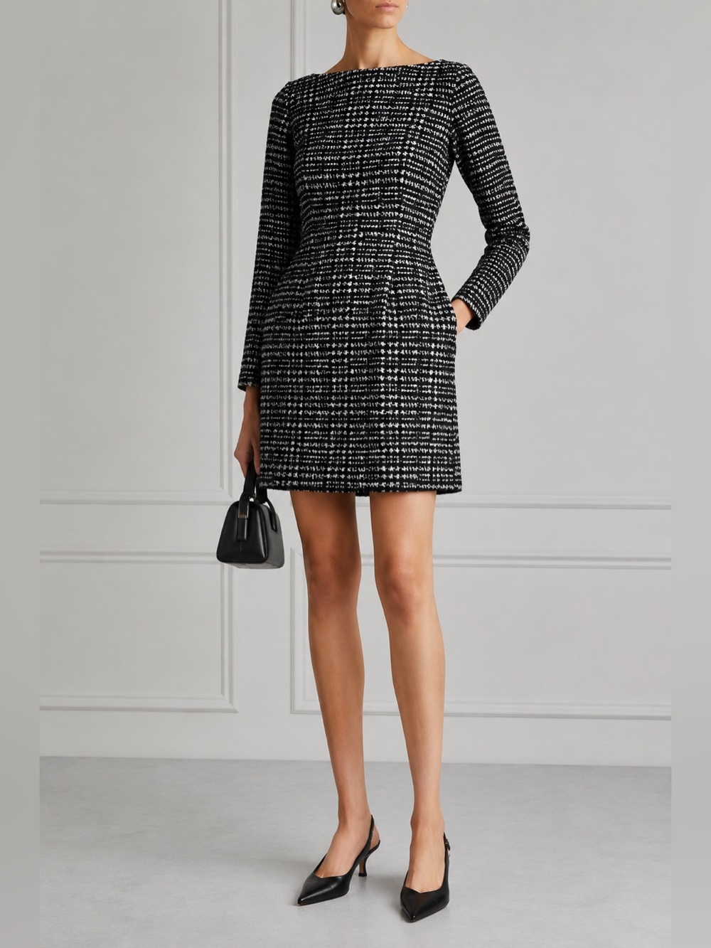 Theory black and white patterned houndstooth long-sleeve sheath dress size M